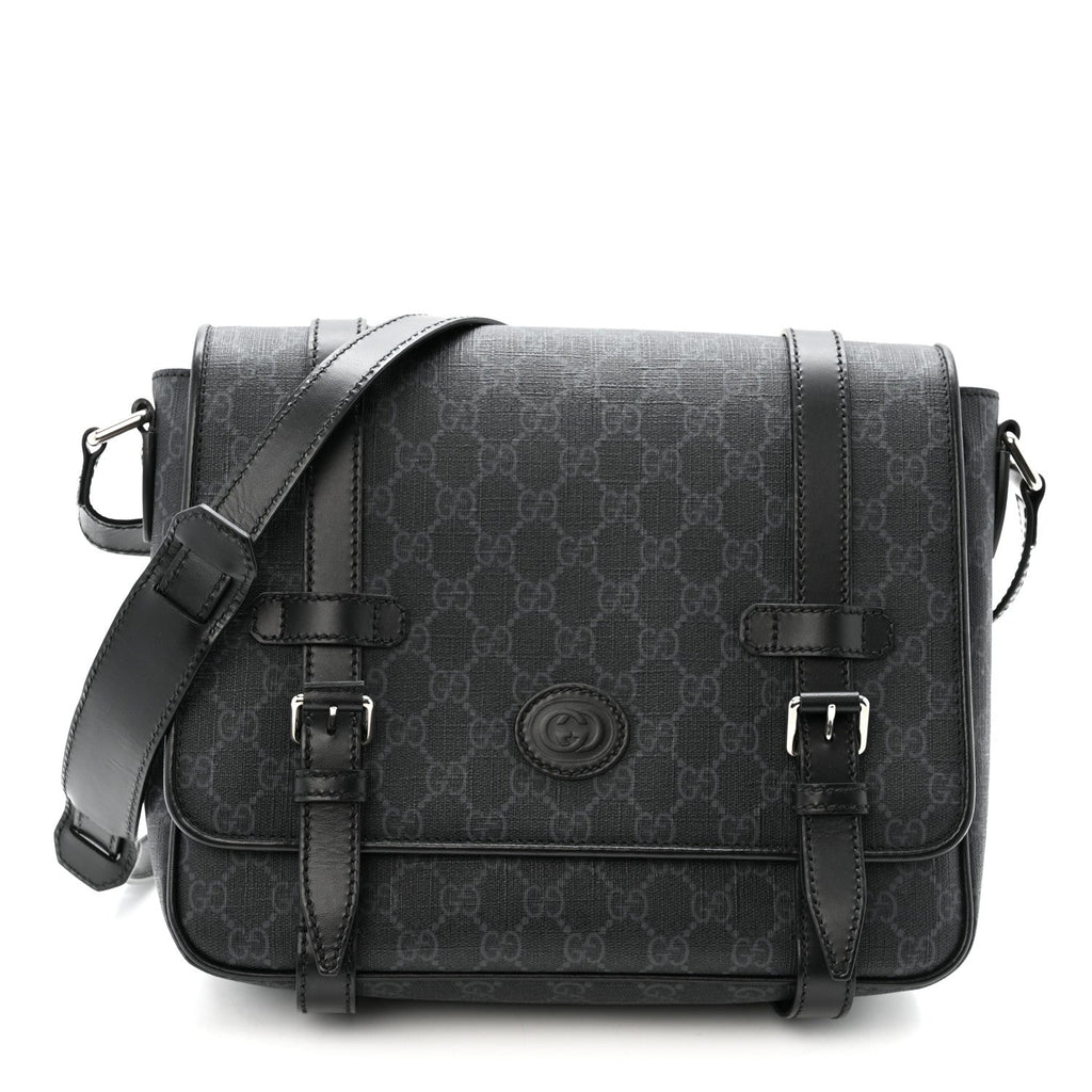 Gucci GG Supreme Monogram Textured Dollar Calfskin Retro Interlocking G Flap Messenger Bag Black