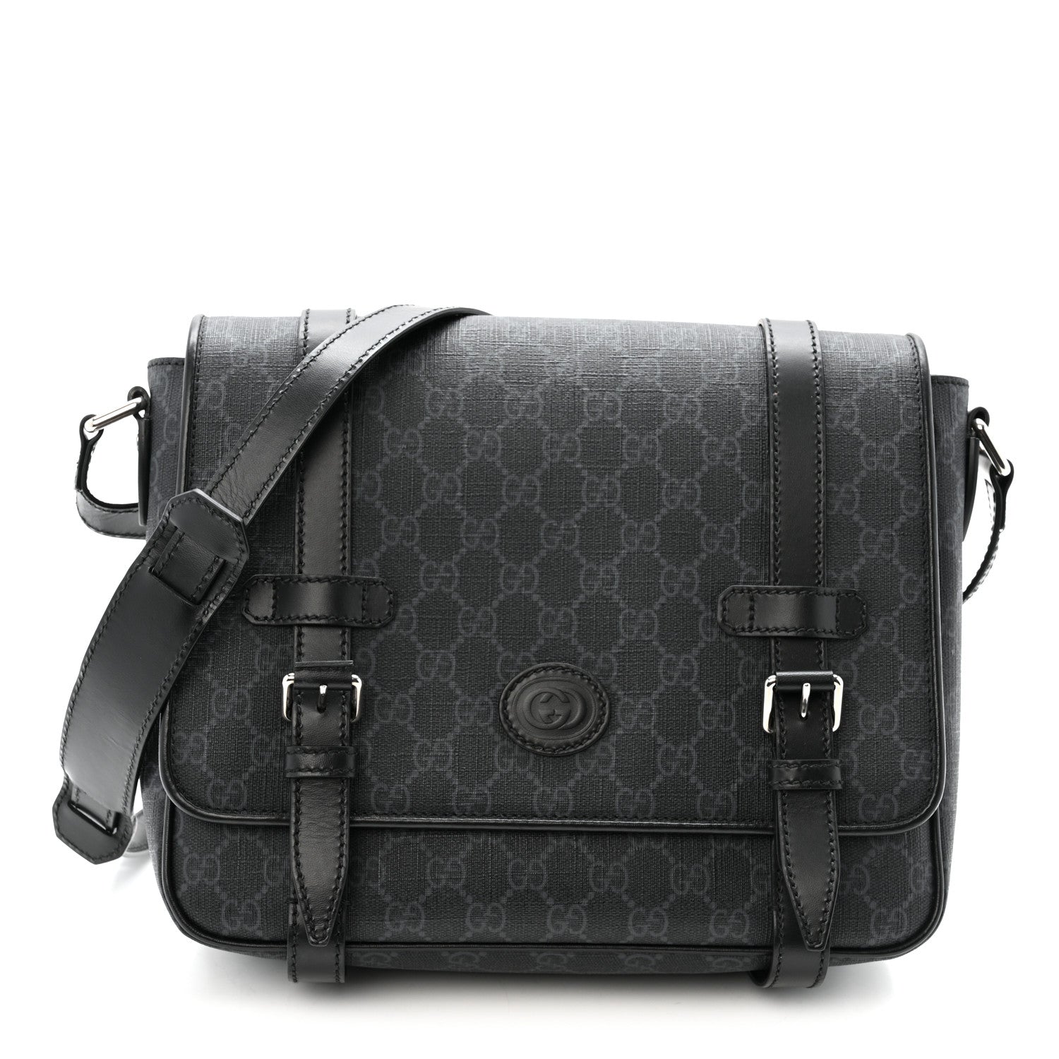 Gucci GG Supreme Monogram Textured Dollar Calfskin Retro Interlocking G Flap Messenger Bag Black