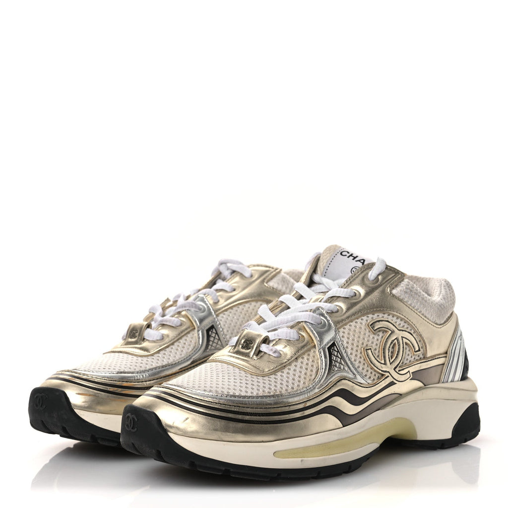 Fabric Laminated Calfskin Stretch CC Sneakers 37 White Gold Silver