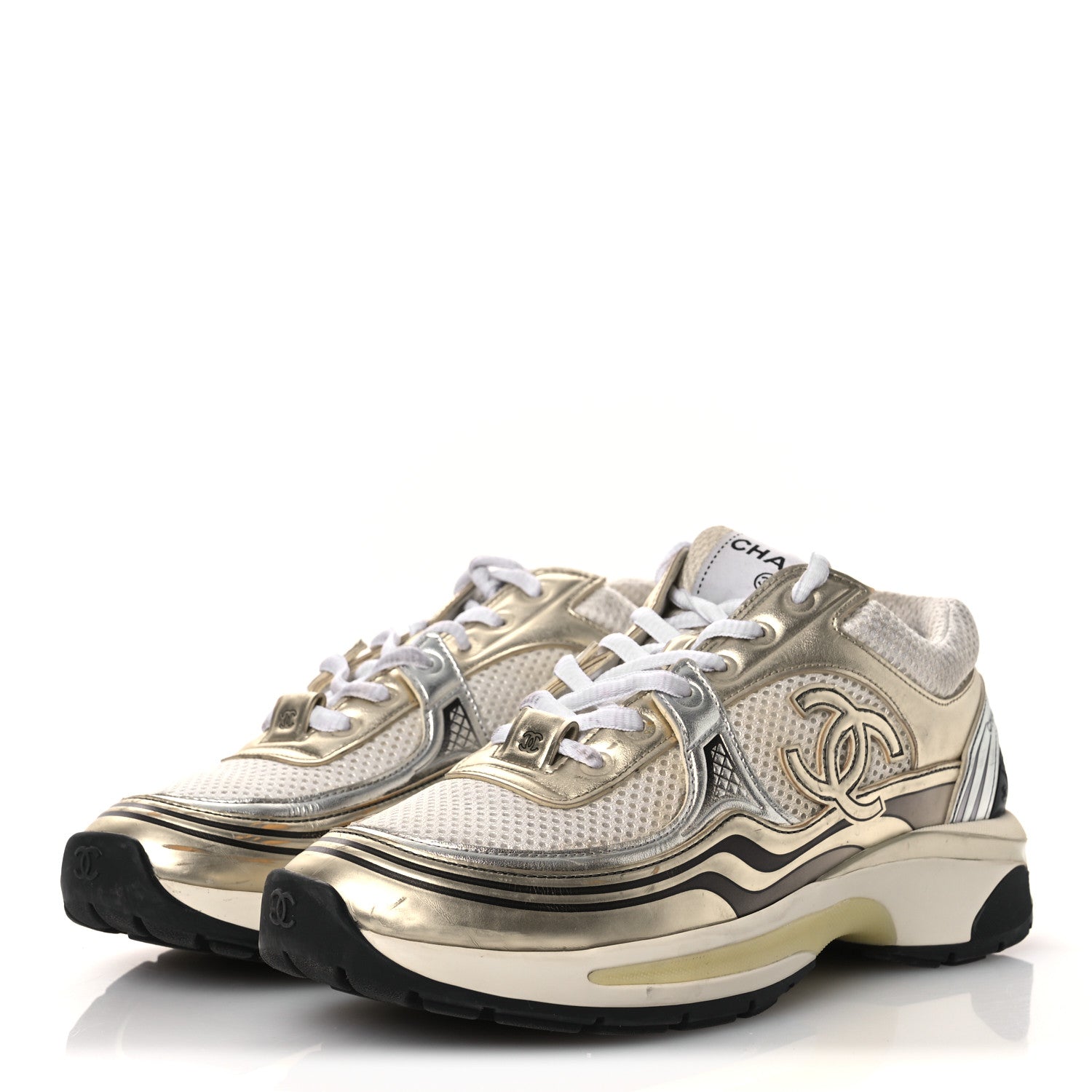 Fabric Laminated Calfskin Stretch CC Sneakers 37 White Gold Silver