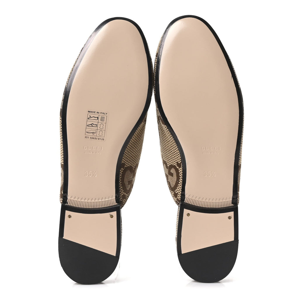 Gucci Monogram Jumbo GG Malaga Kid Womens Princetown Slippers 35.5 Camel Ebony New Acero Beige