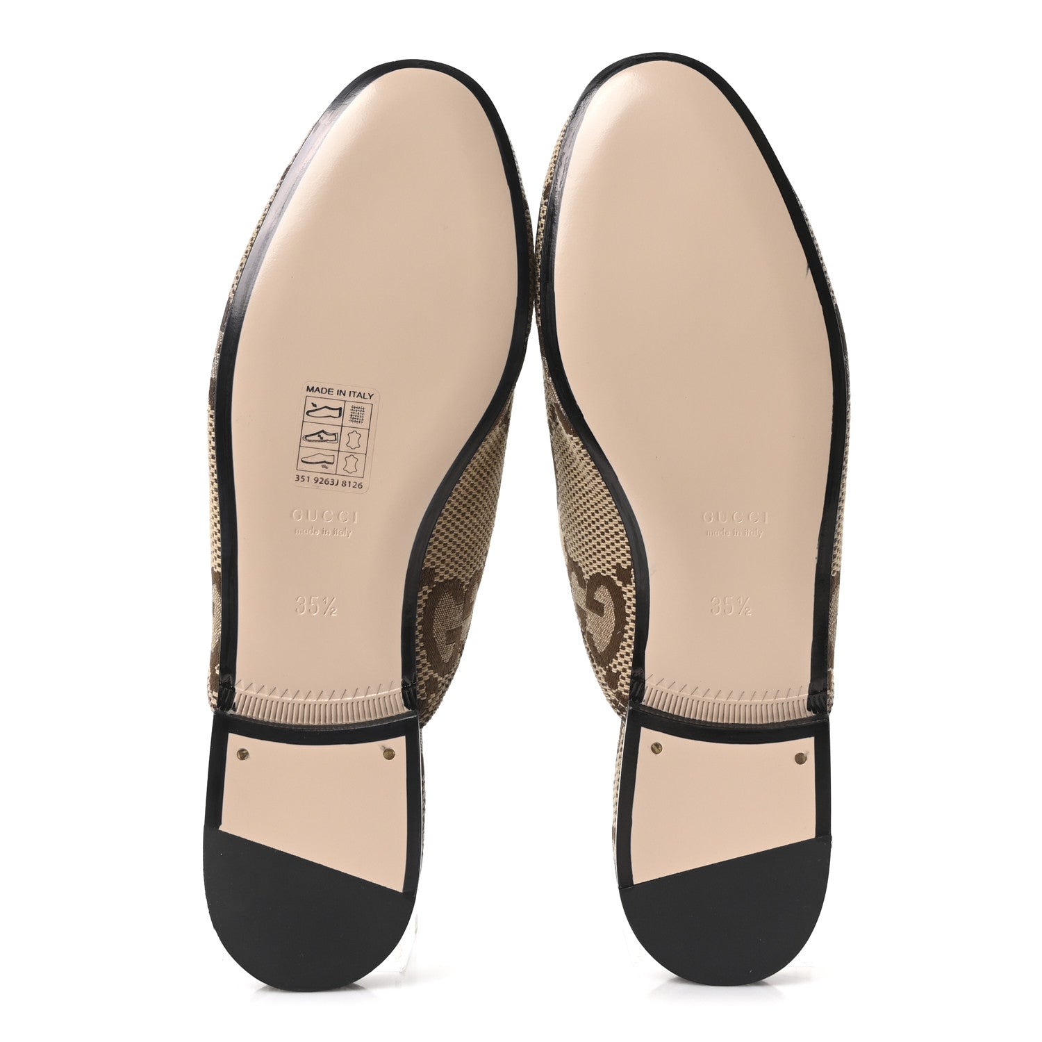 Gucci Monogram Jumbo GG Malaga Kid Womens Princetown Slippers 35.5 Camel Ebony New Acero Beige