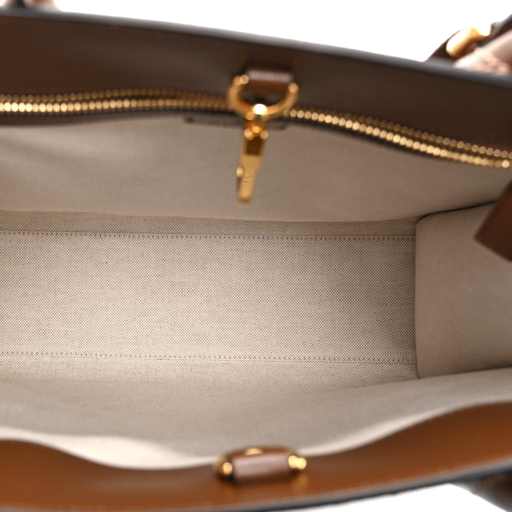 Gucci GG Supreme Monogram Textured Dollar Calfskin Web Small Retro Interlocking G Vertical Tote Bag Beige Ebony Brown Sugar