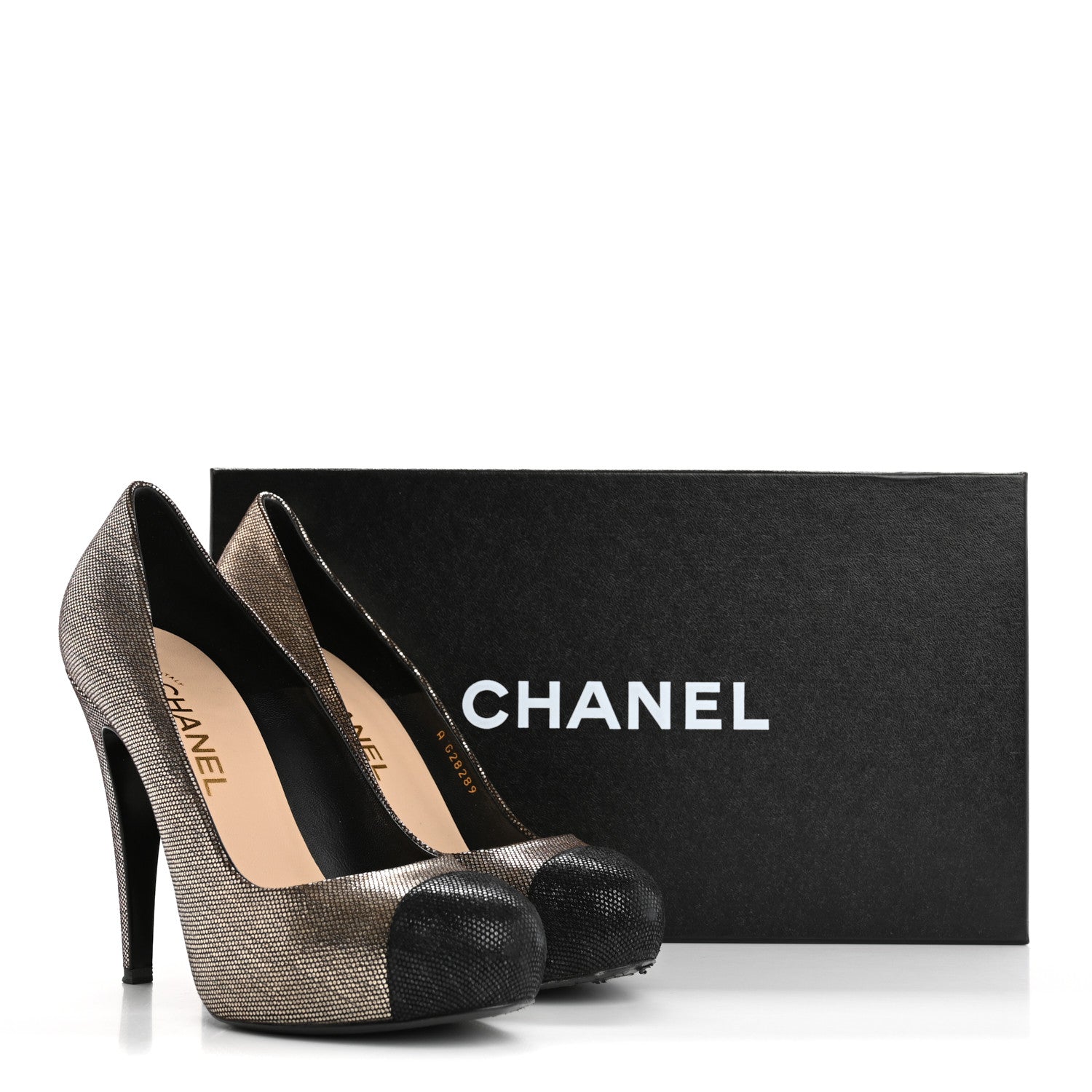 Chanel Textured Suede Cap Toe CC Pumps 38.5 Light Gold Black