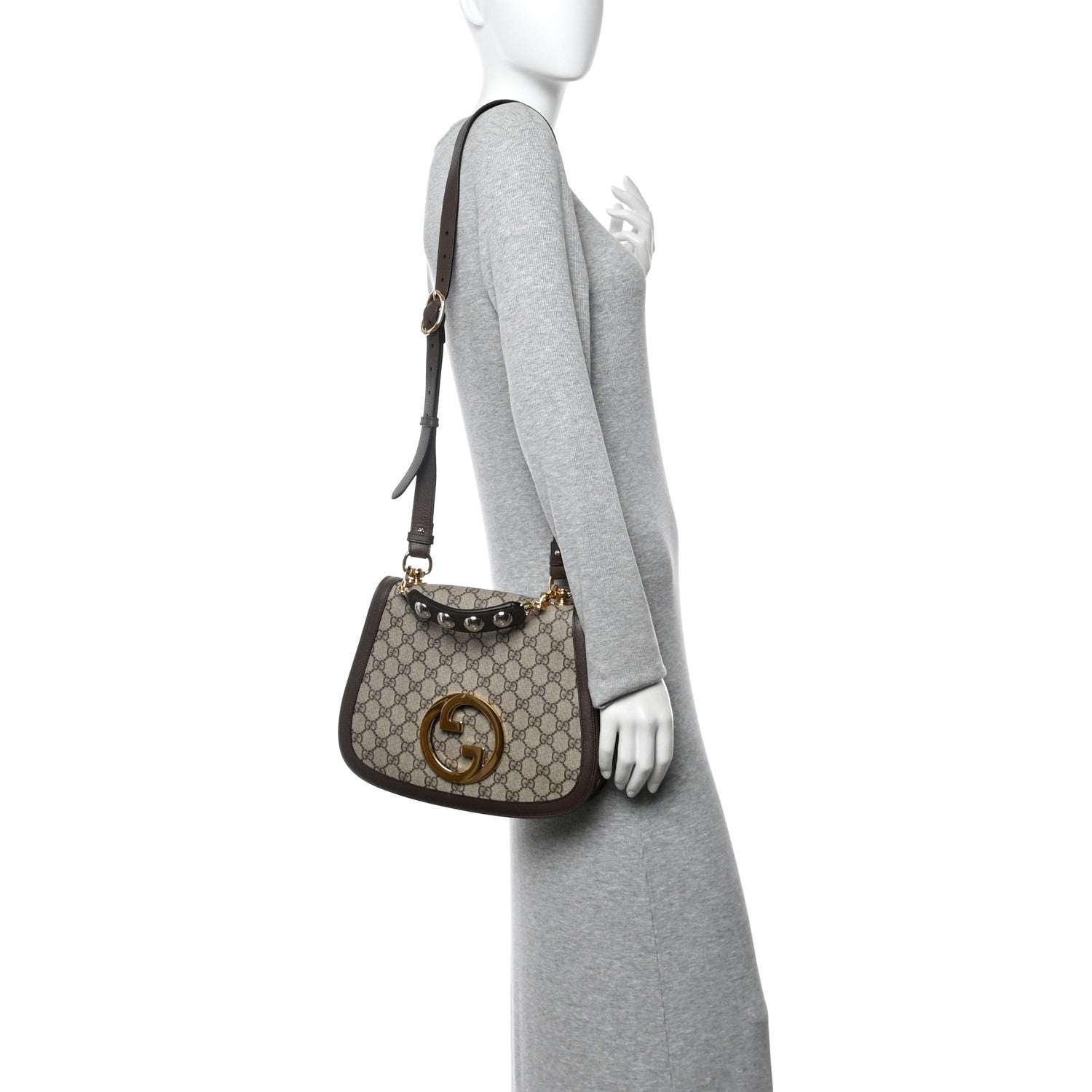 Gucci GG Supreme Monogram Textured Dollar Calfskin Web Medium Blondie Top Handle Shoulder Flap Bag Beige Ebony New Acero