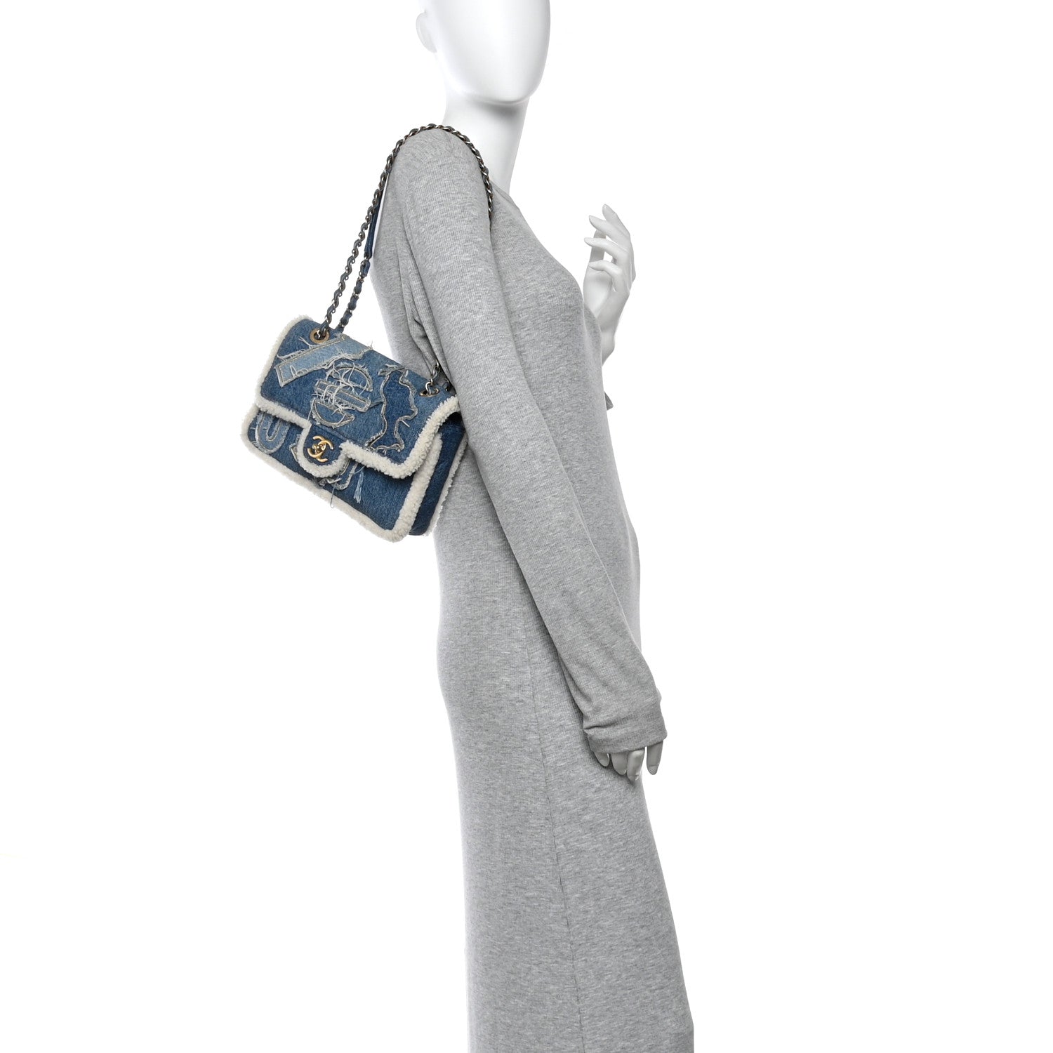 Chanel Denim Shearling Hieroglyph Flap Blue