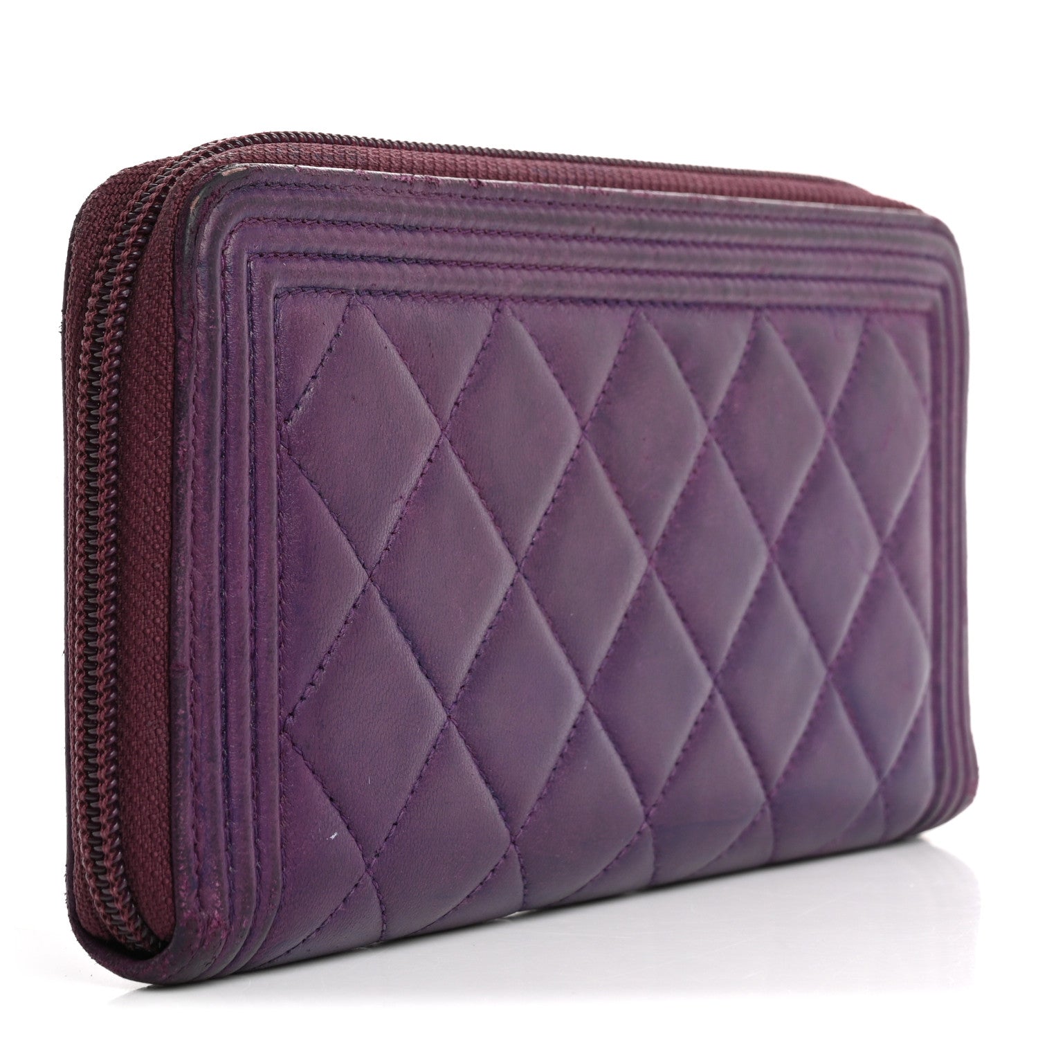 Lambskin Quilted Boy Zip Around Wallet Purple