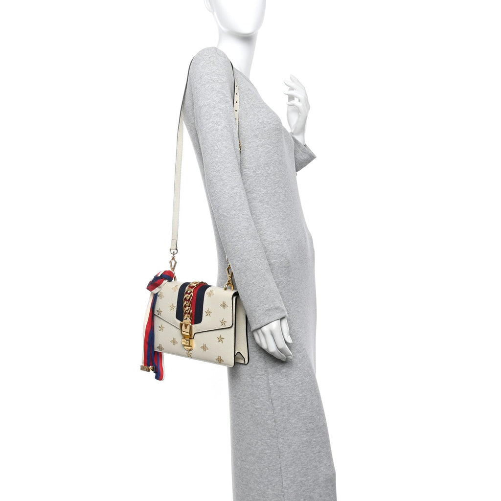 Gucci Textured Calfskin Bee Star Print Small Sylvie Shoulder Bag Mystic White