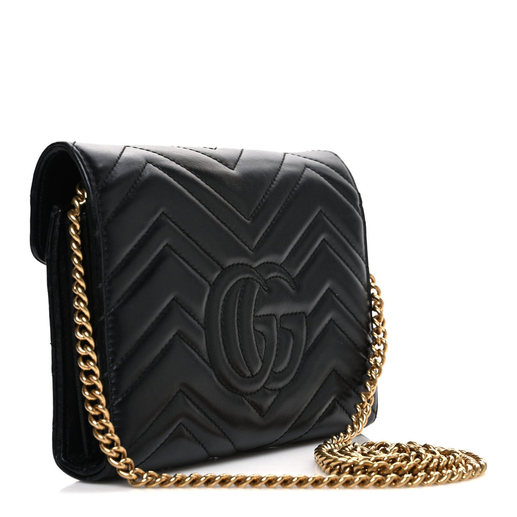 Gucci Calfskin Matelasse GG Marmont Chain Wallet Black
