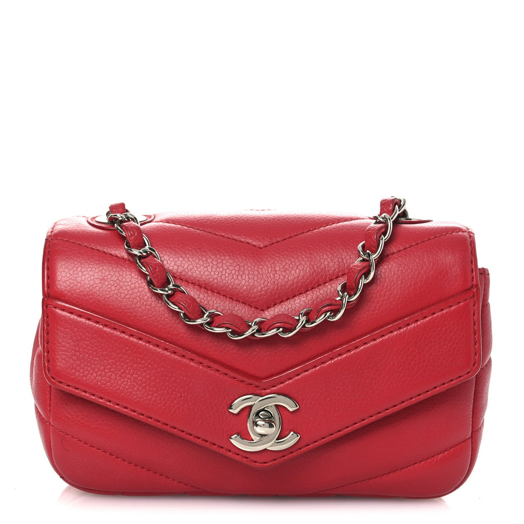 Chanel Caviar Chevron Quilted Small Single Flap Red