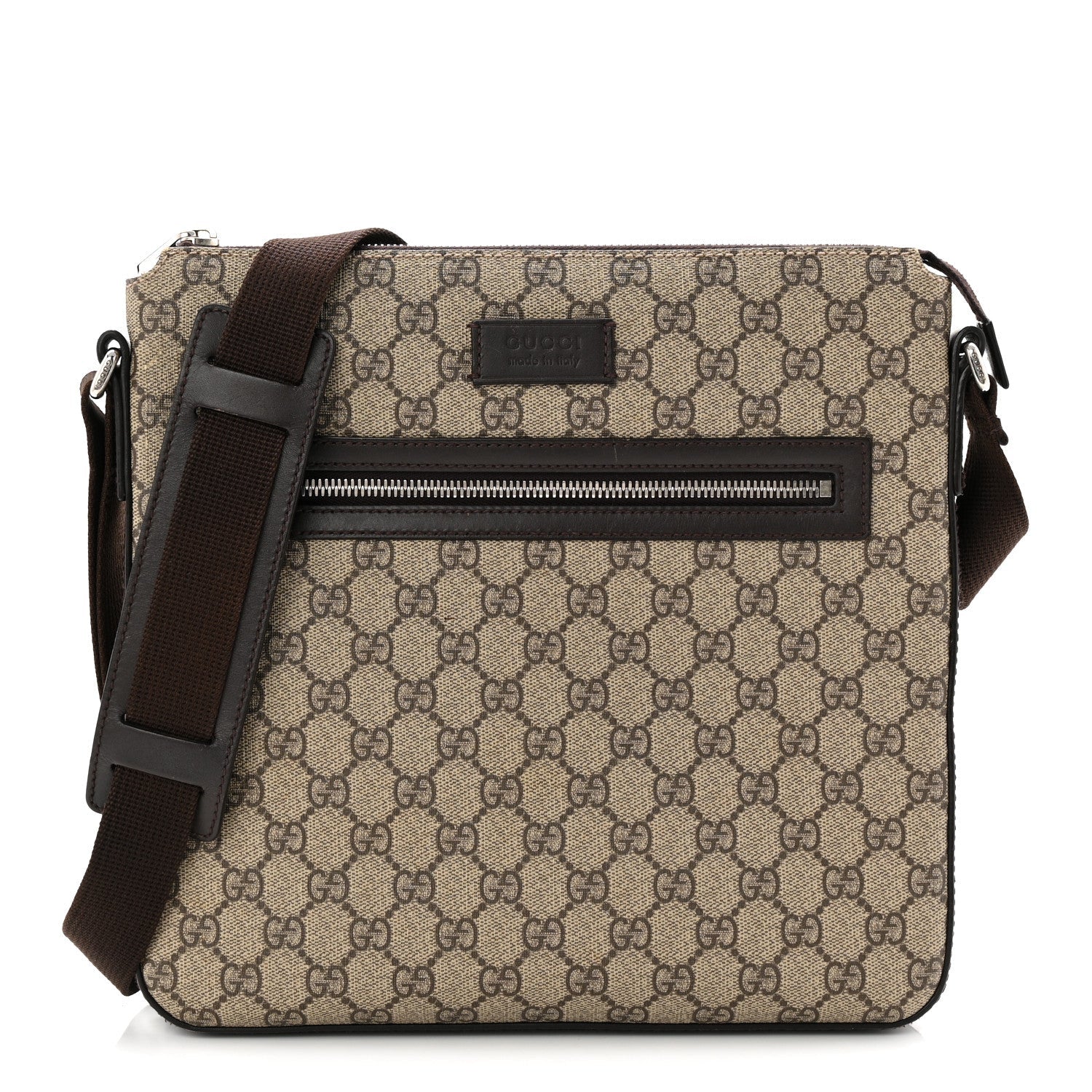 Gucci GG Supreme Monogram Medium Flat Messenger Bag Beige Brown