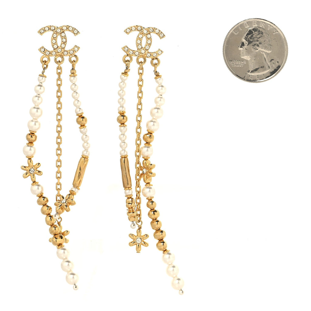Pearl Crystal CC Flower Chain Multi Drop Earrings Gold