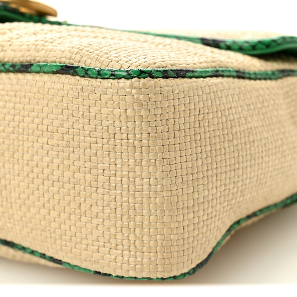 Gucci Raffia Elaphe Matelasse Small GG Marmont Shoulder Bag Natural New Shamarock