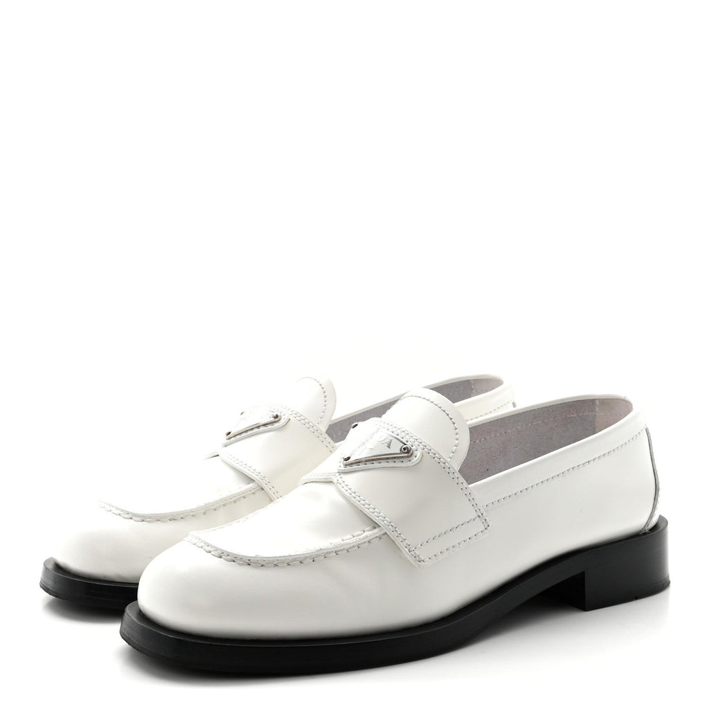 Prada Spazzolato Metal Triangle Logo 20mm Loafers 39 White