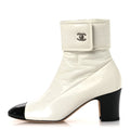 Crumpled Patent Calfskin Cap Toe CC Turnlock Ankle Short Boots 37.5 Ivory Black