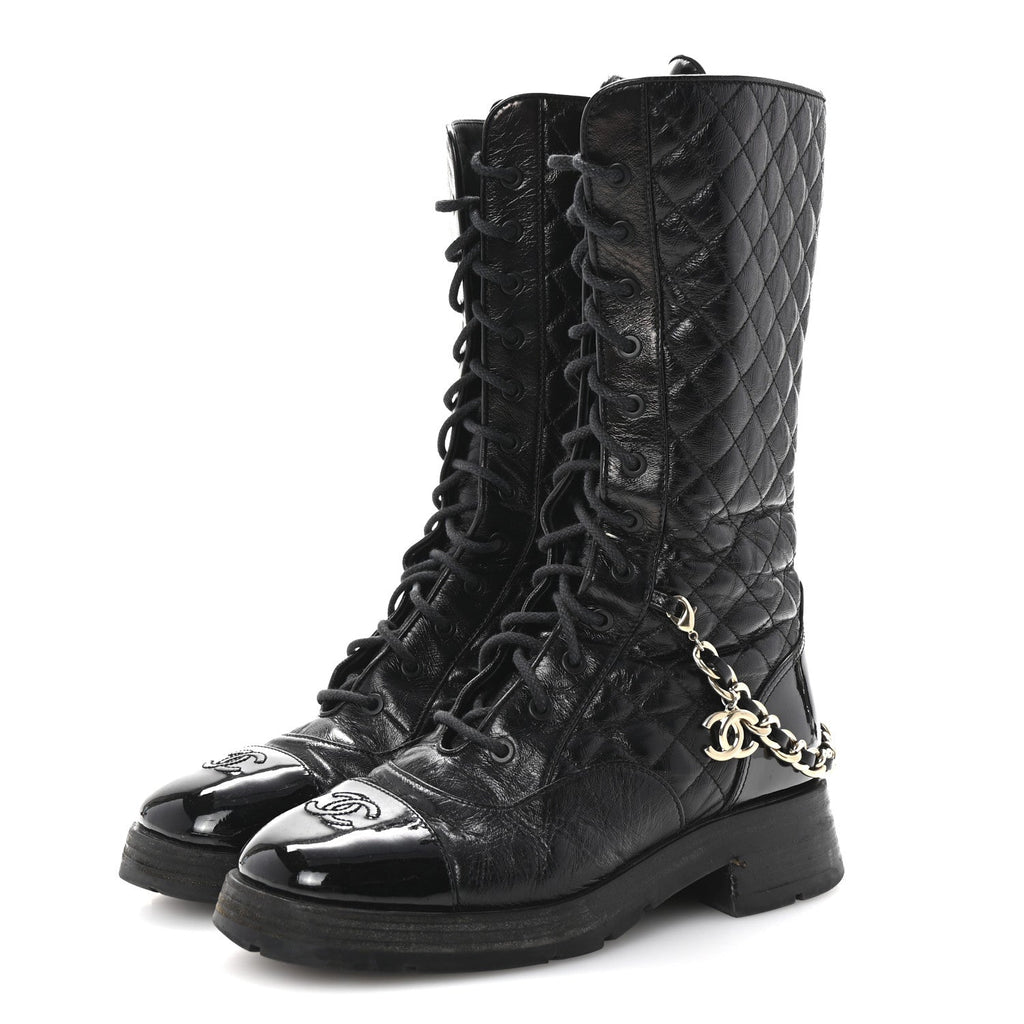 Chanel Shiny Calfskin Patent Quilted Chain Lace Up Combat Long Boots 38.5 Black