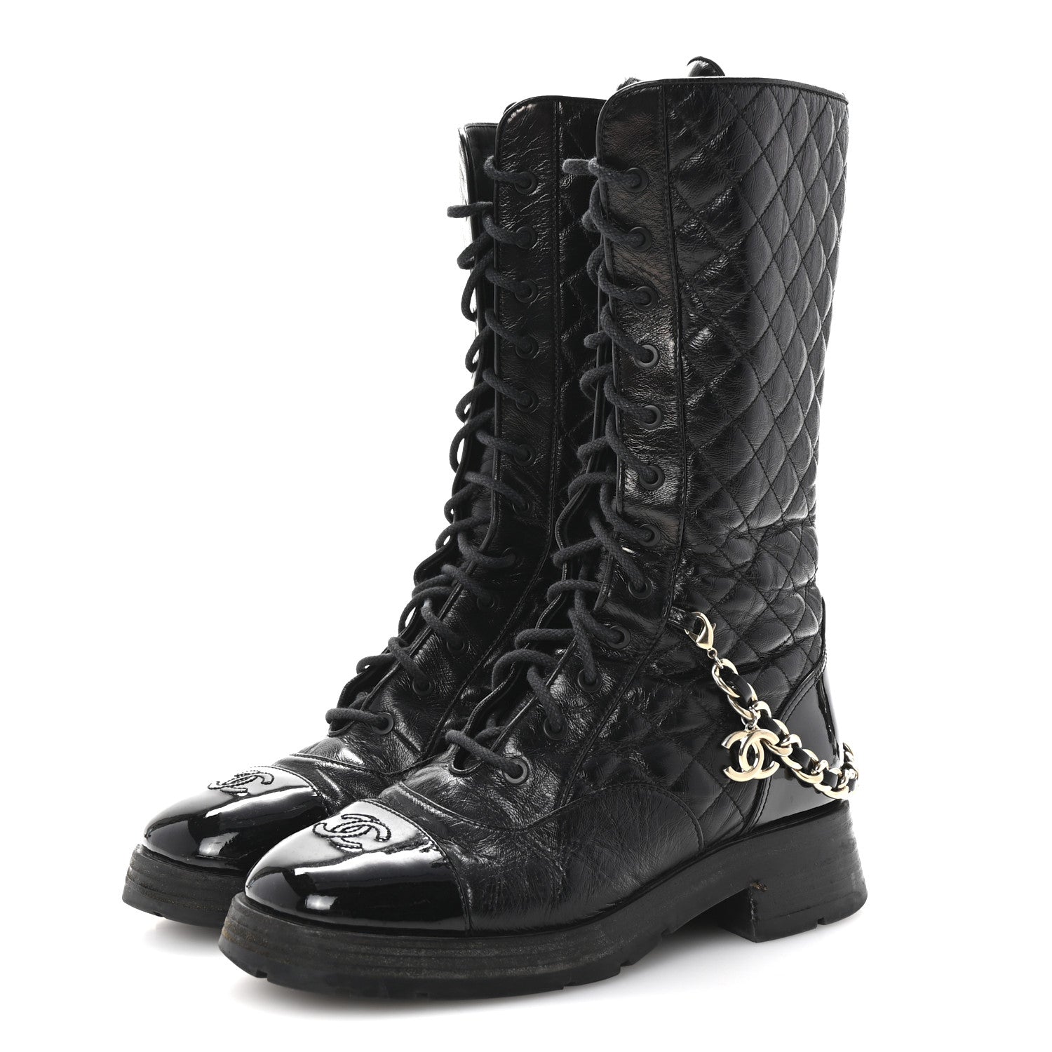 Chanel Shiny Calfskin Patent Quilted Chain Lace Up Combat Long Boots 38.5 Black