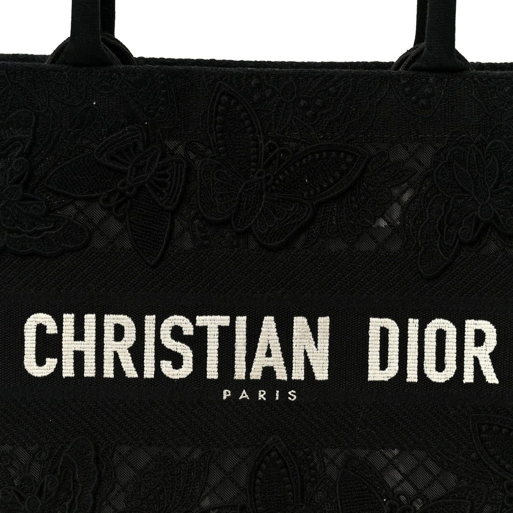 Christian Dior Embroidered 3D Macrame D-Lace Butterfly Medium Book Tote Black Multicolor