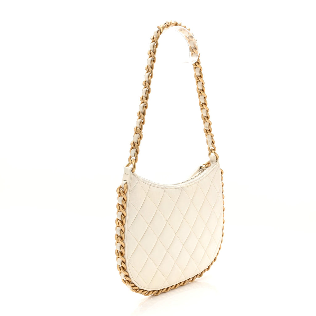 Chanel Shiny Crumpled Lambskin Quilted Trendy Chain Around Hobo White