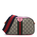 Gucci GG Supreme Monogram Textured Dollar Calfskin Web Ophidia Small Crossbody Bag Beige Ebony Fuchsia