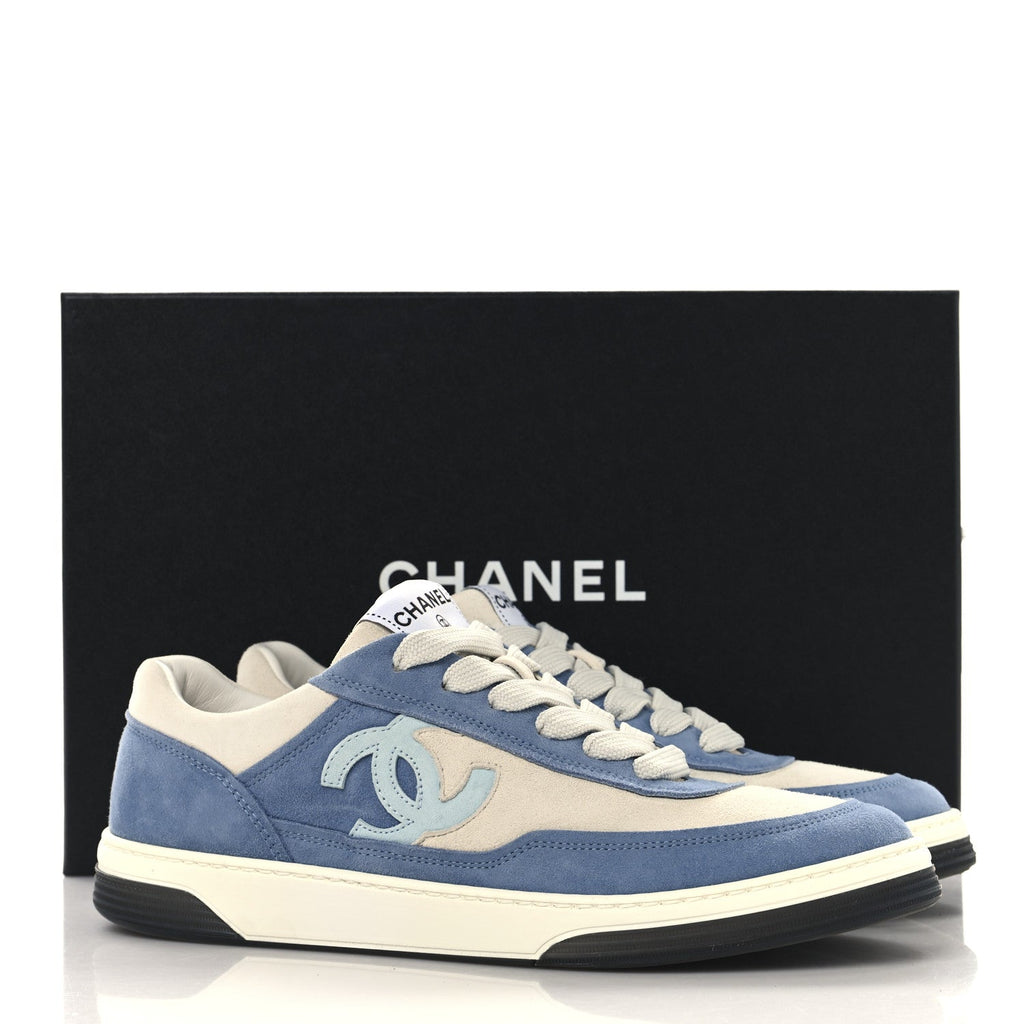 Chanel Suede Kidskin Womens CC Sneakers 39 White Blue