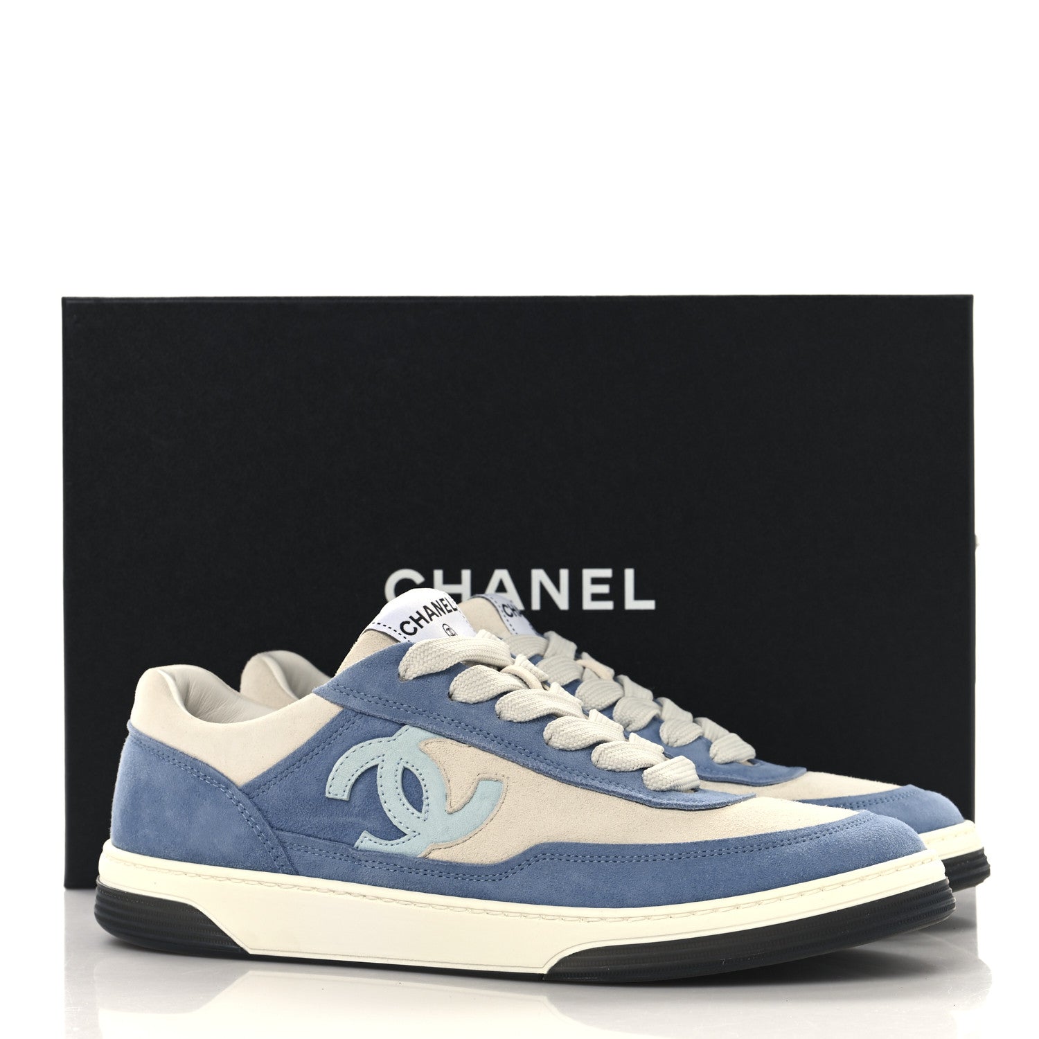 Chanel Suede Kidskin Womens CC Sneakers 39 White Blue