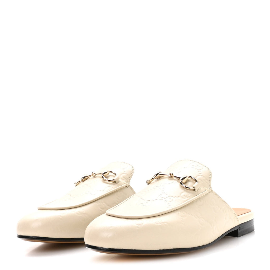 Gucci Glamour Calfskin Guccissima Womens Princetown Slippers 37.5 Mystic White