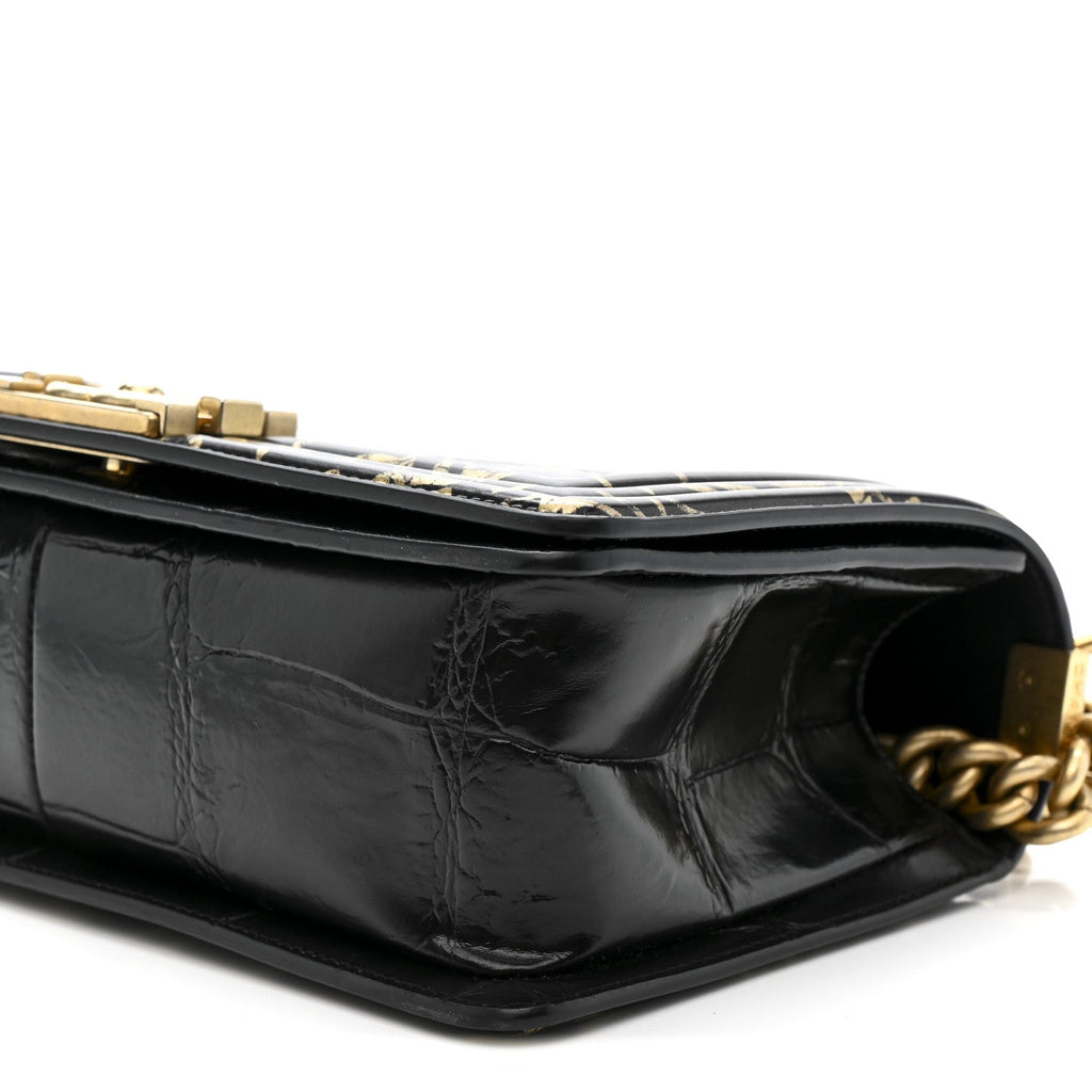Chanel Calfskin Crocodile Embossed Graffiti Cocodile Medium Boy Flap Black