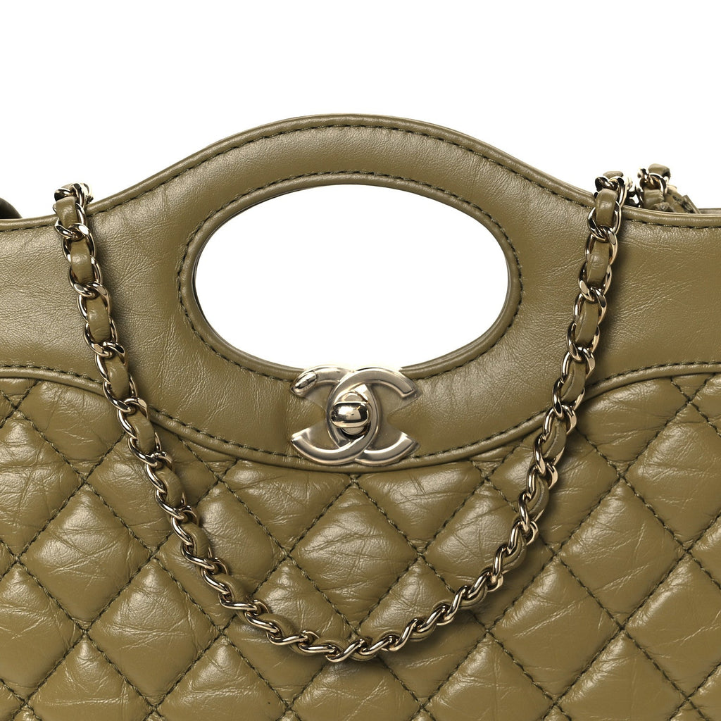 Chanel Shiny Crumpled Calfskin Quilted Mini 31 Shopping Bag Khaki