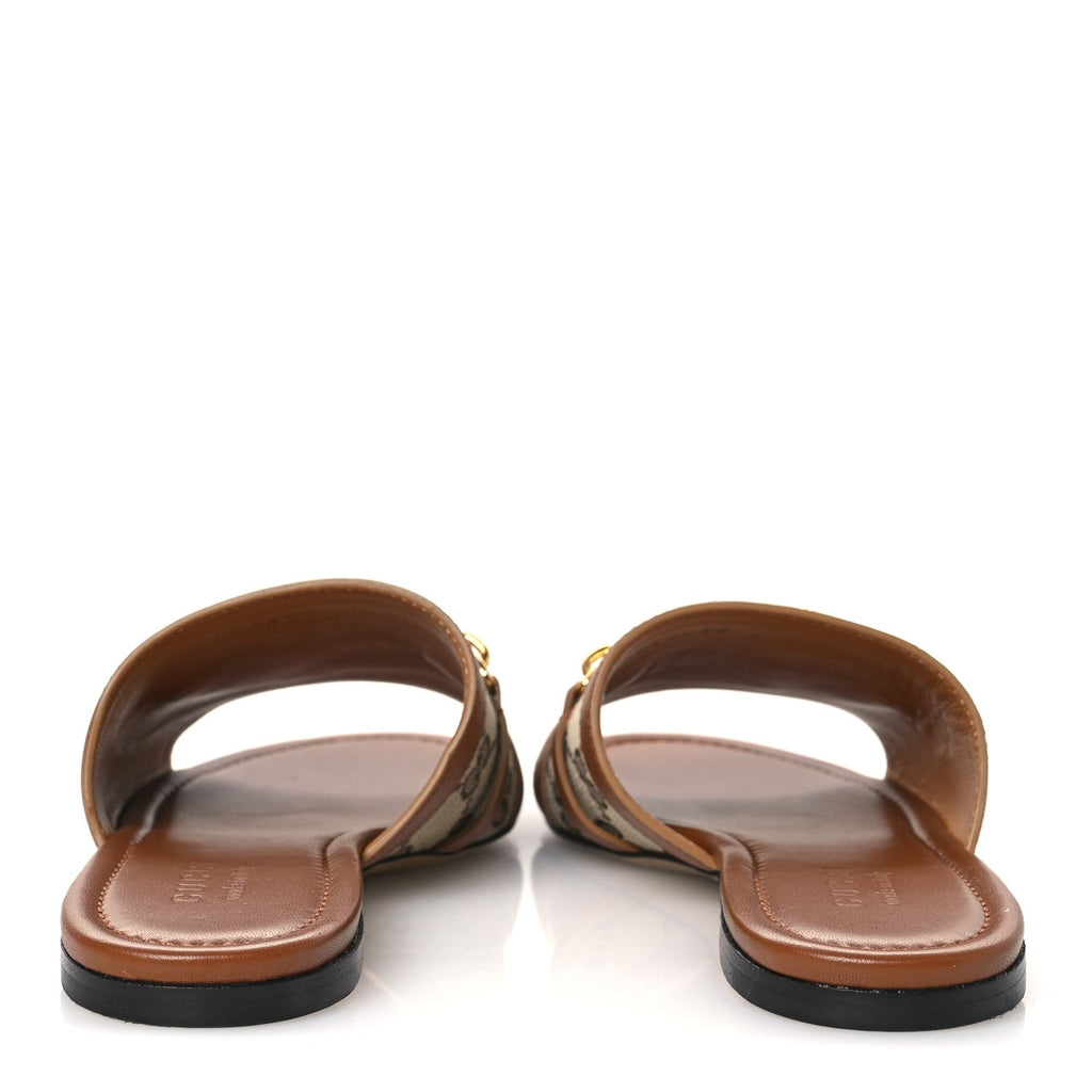 Gucci Calfskin Monogram Horsebit Womens Slide Sandals 37 Beige Ebony Sundial