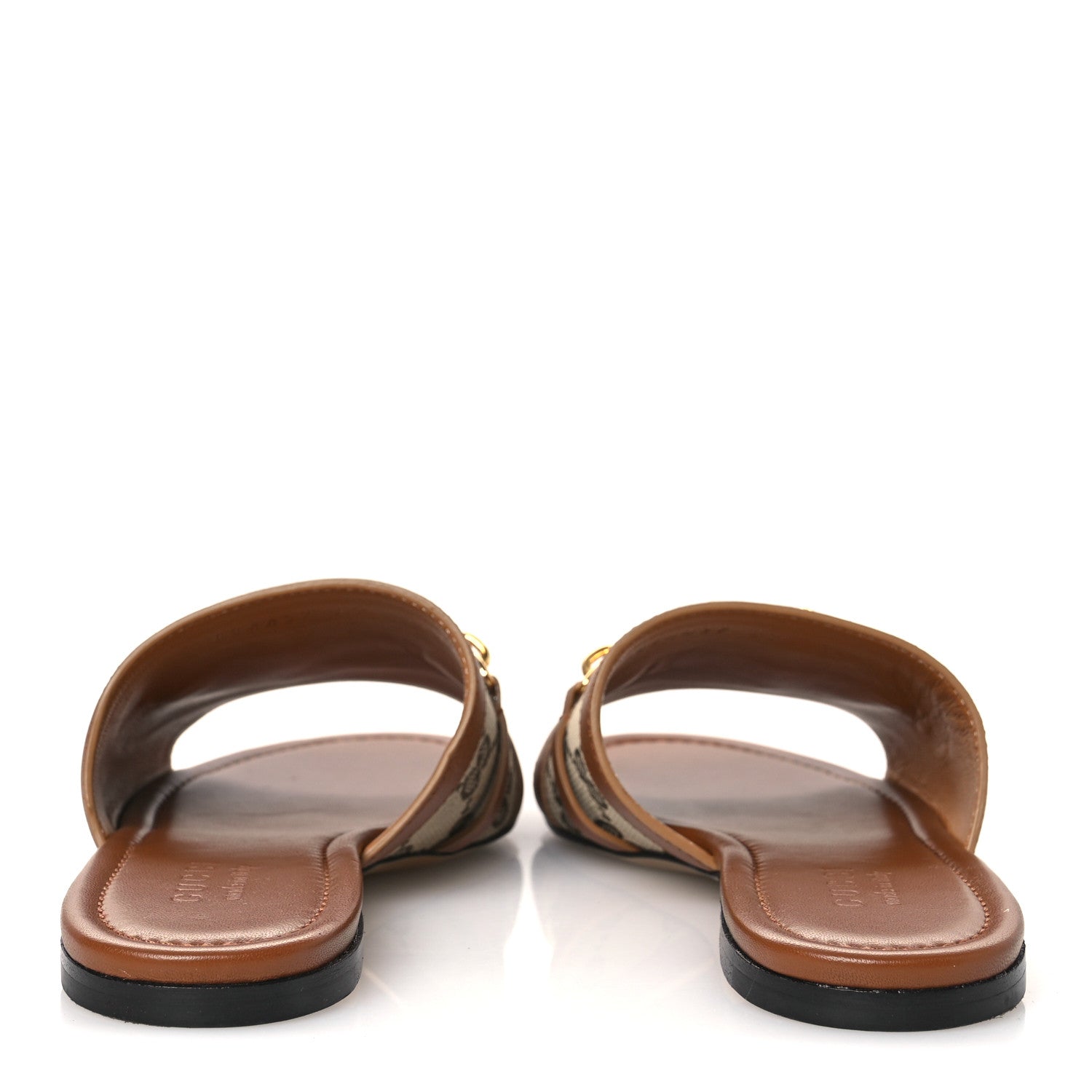 Gucci Calfskin Monogram Horsebit Womens Slide Sandals 37 Beige Ebony Sundial