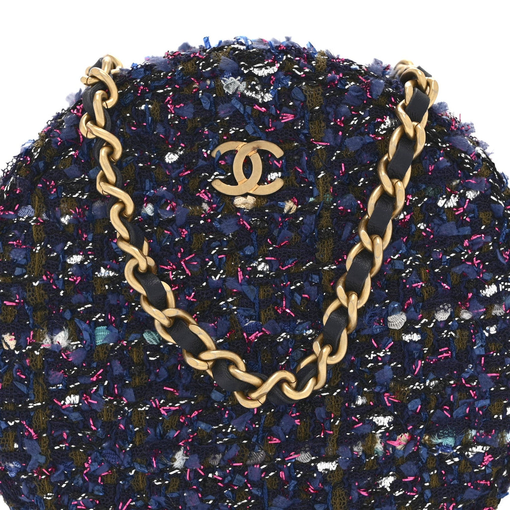 Chanel Tweed Quilted Round Clutch With Chain Multicolor