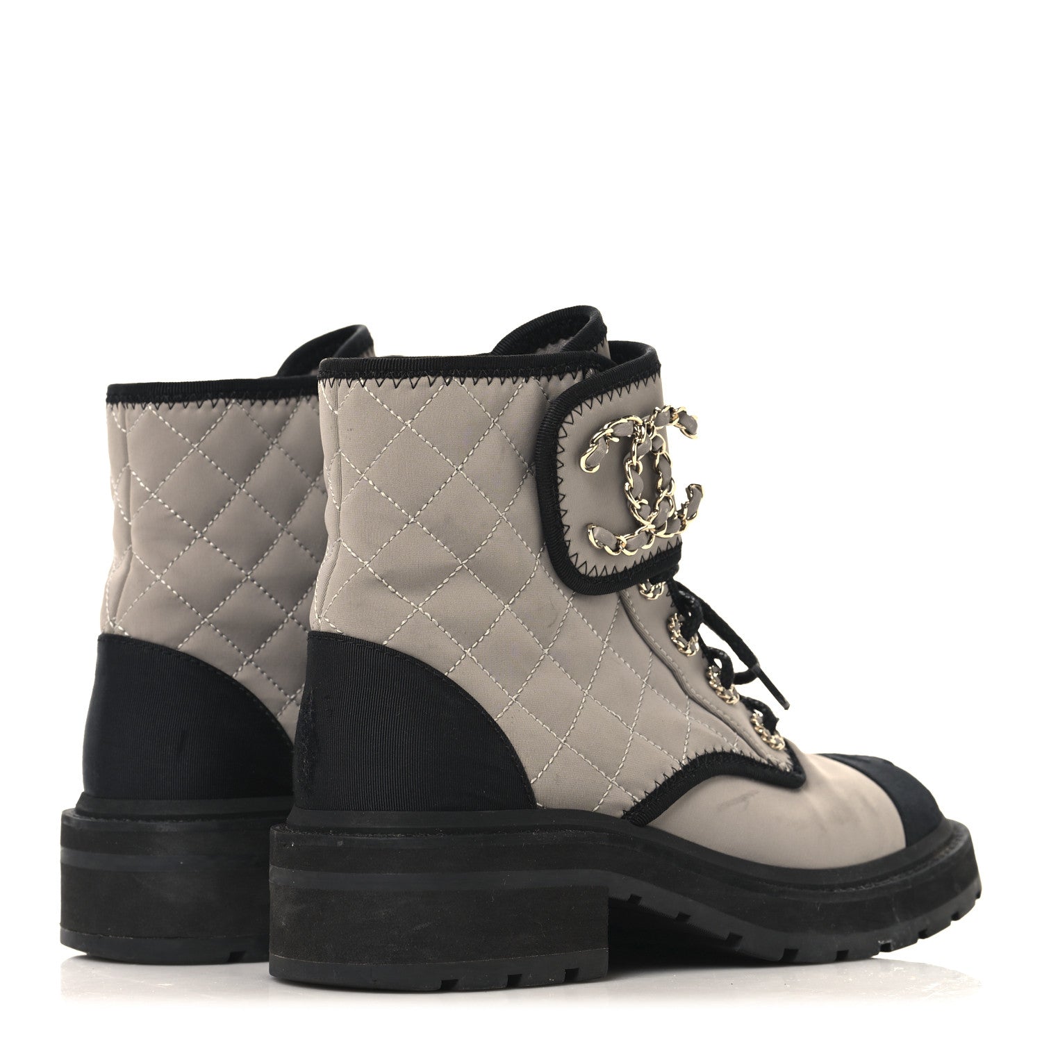 Fabric Grosgrain Lambskin Quilted Lace Up Combat Boot 36 Gray