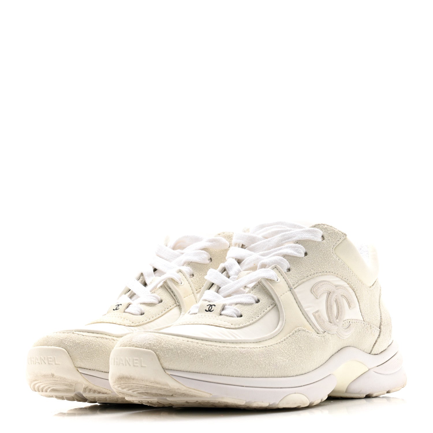 Chanel Suede Calfskin Fabric CC Sneakers 39.5 White