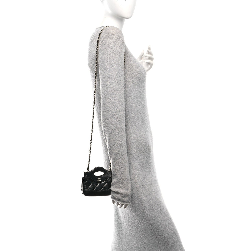 Chanel Shiny Lambskin Quilted Micro 31 Clutch With Chain Black