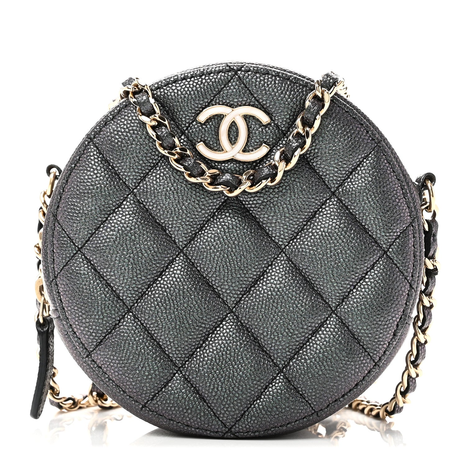 Chanel Iridescent Caviar Quilted Round Clutch With Chain Black