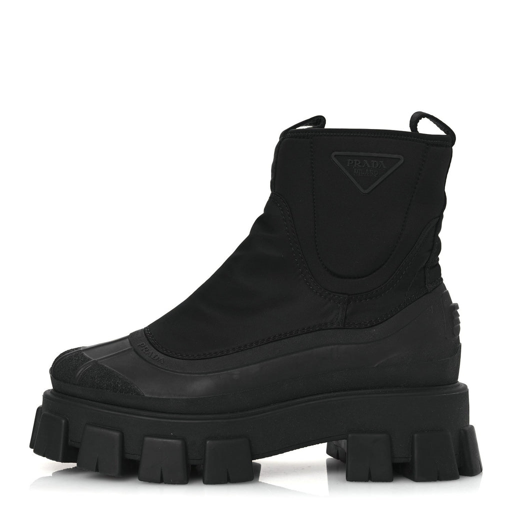 Prada Re-Nylon Gabardine Rubber Triangle Logo Womens Monolith 55mm Ankle Boots 38 Black