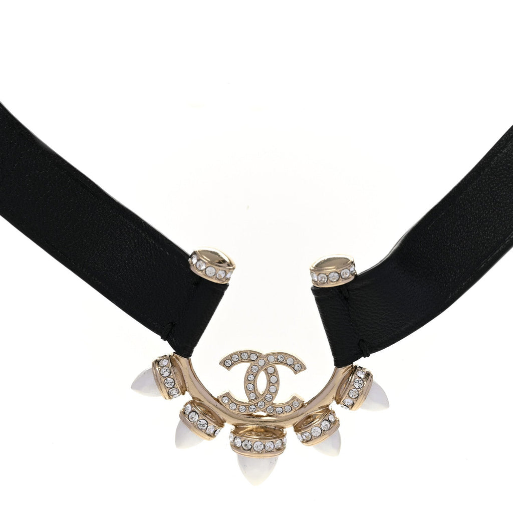 Lambskin Spike Pearl Crystal CC Choker Black