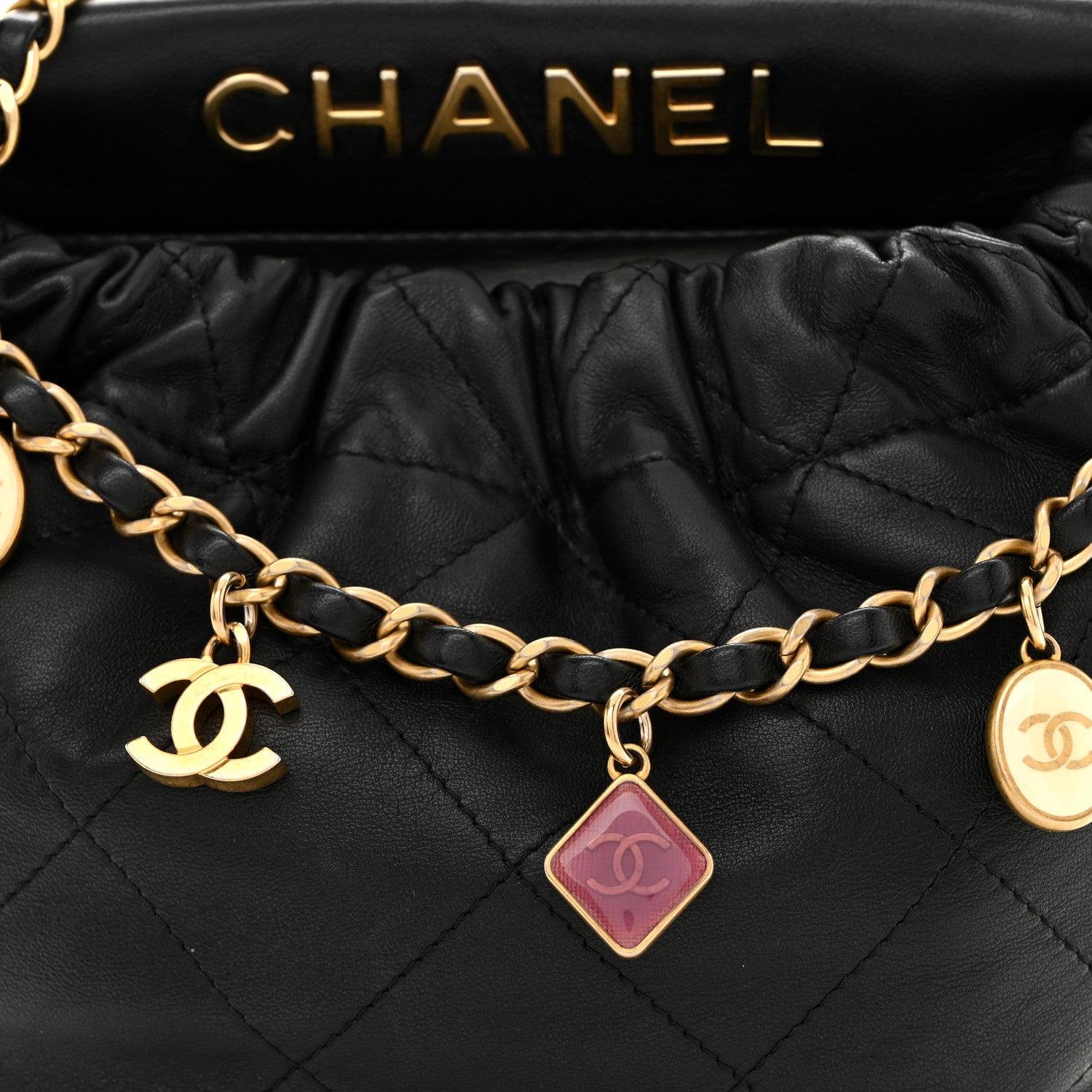 Chanel Lambskin Resin Quilted Small Bucket Bag Black