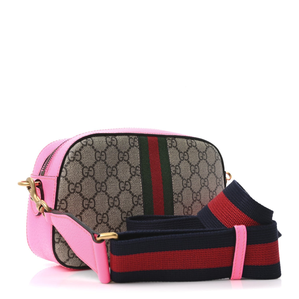 Gucci GG Supreme Monogram Textured Dollar Calfskin Web Ophidia Small Crossbody Bag Beige Ebony Fuchsia