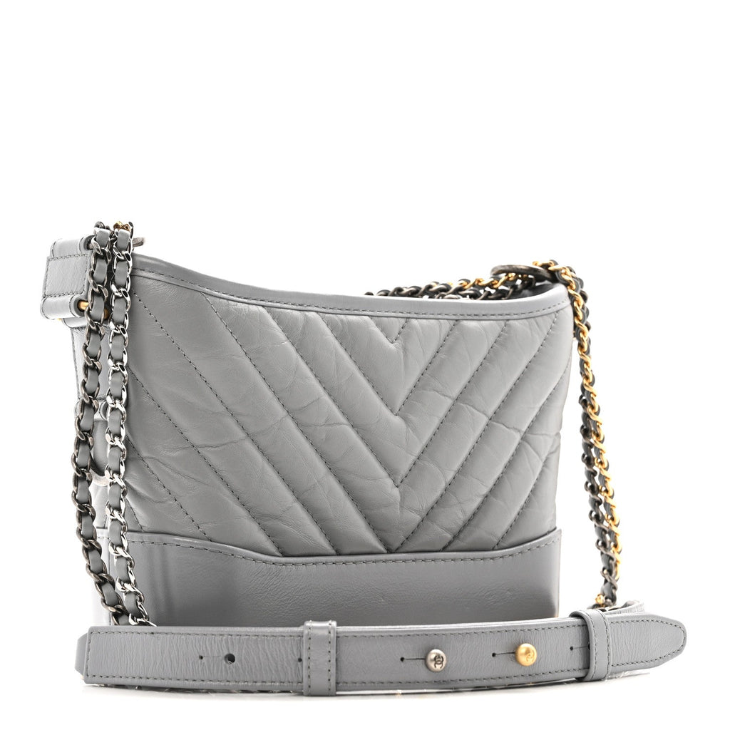 Chanel Aged Calfskin Chevron Quilted Small Gabrielle Hobo Grey