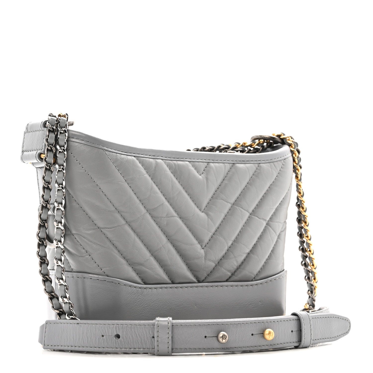 Chanel Aged Calfskin Chevron Quilted Small Gabrielle Hobo Grey