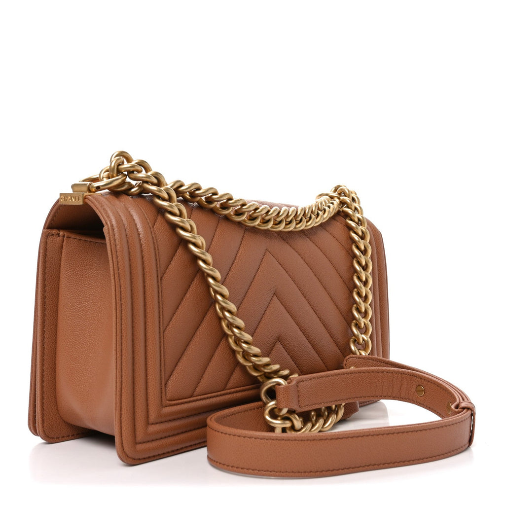 Chanel Caviar Chevron Quilted Medium Boy Flap Brown