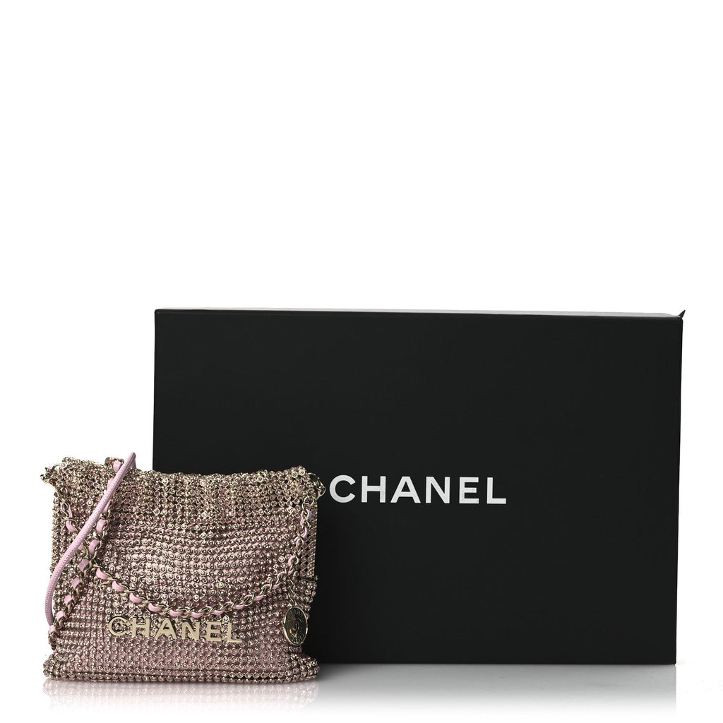 Chanel Crystal Embellished Metallic Lambskin Mini Chanel 22 Light Pink