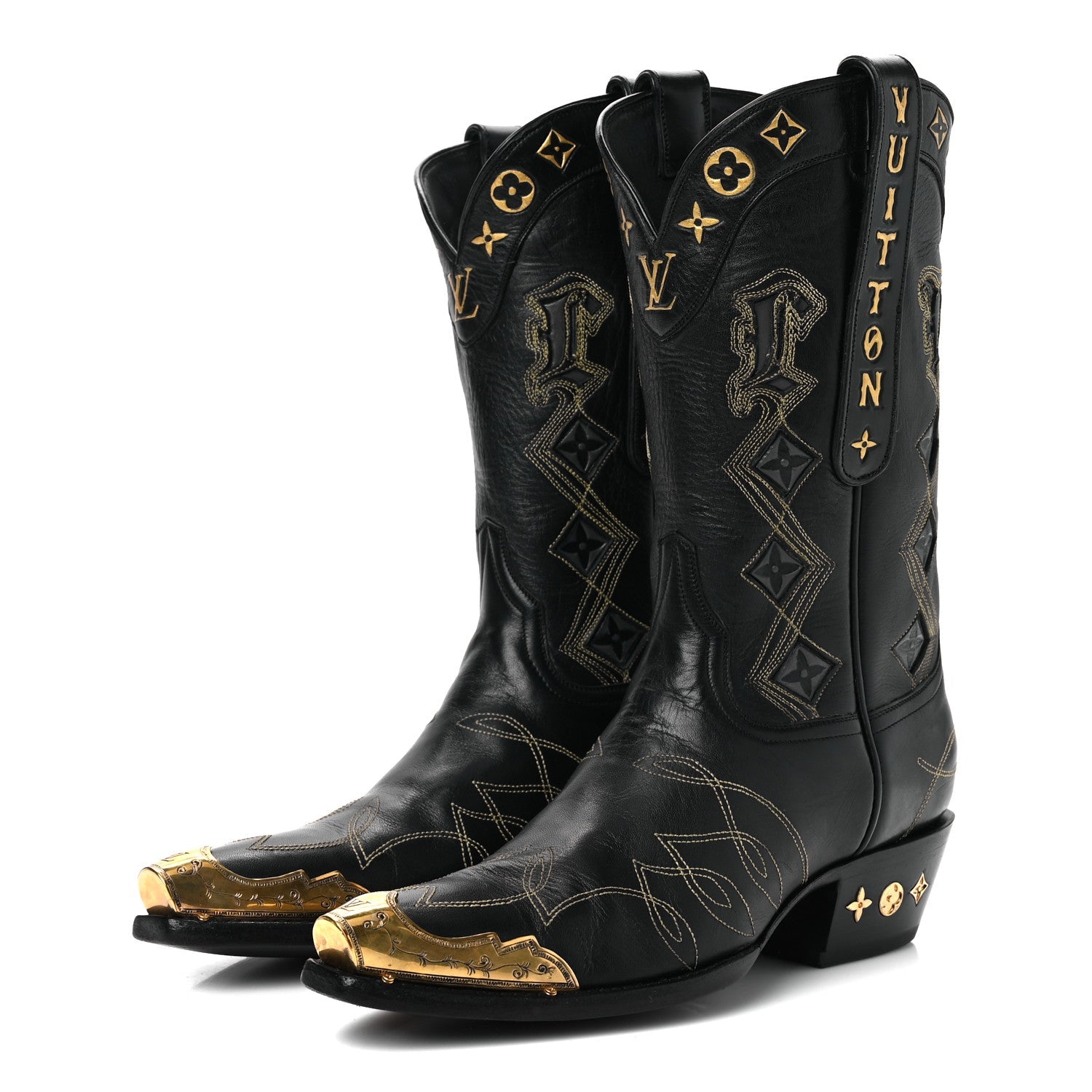 Louis Vuitton Calfskin LV Texan Mens Rider Boots 7.5 Black Gold