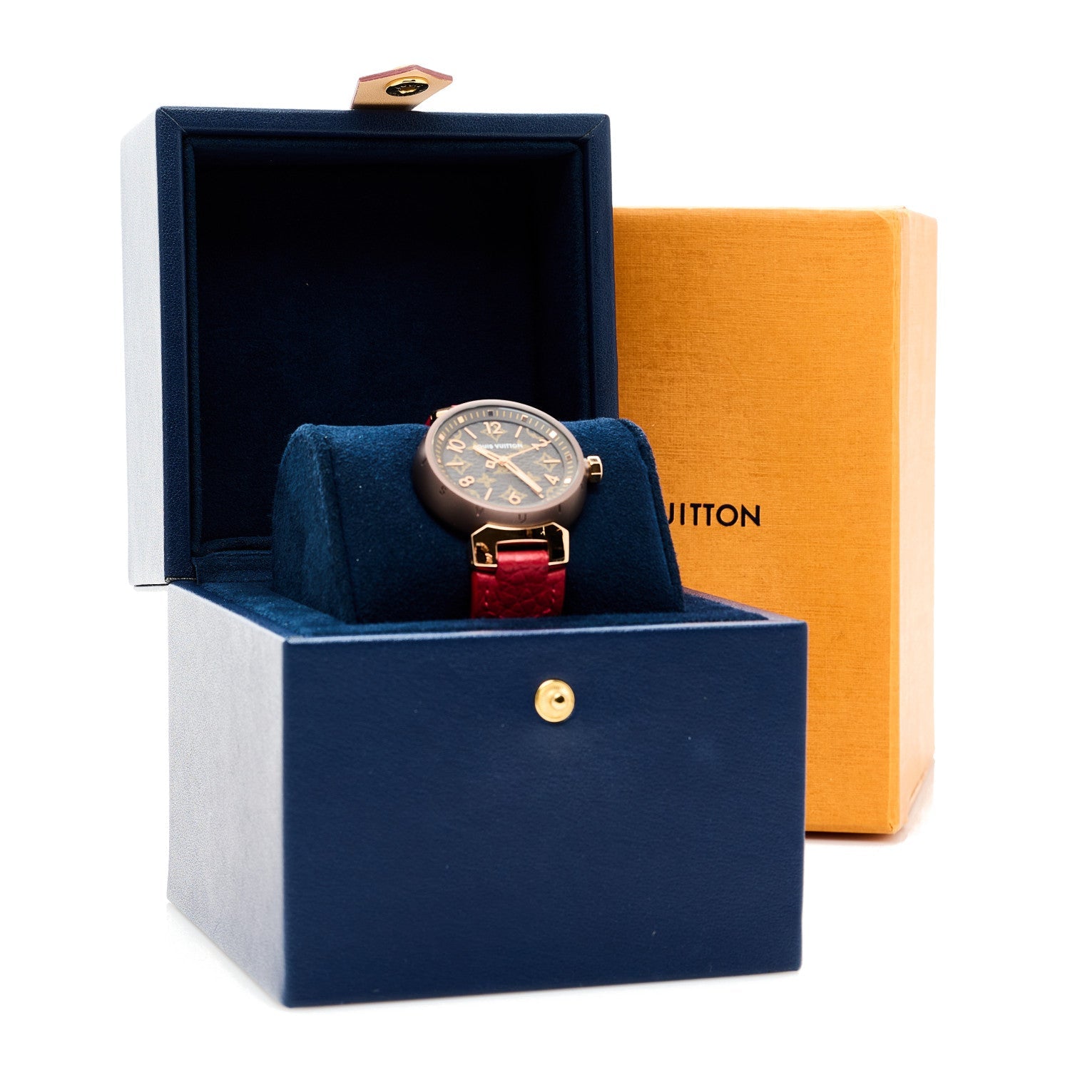 Louis Vuitton Stainless Steel 18K Rose Gold Monogram 34mm Tambour Quartz Watch Brown