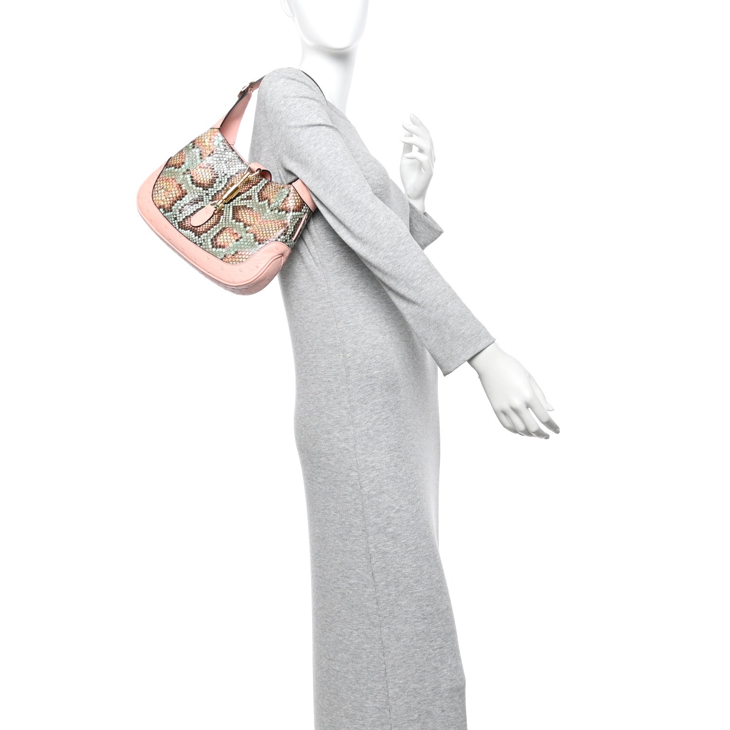 Gucci Snakeskin Ostrich Calfskin Small Jackie 1961 Hobo Pink Multicolor