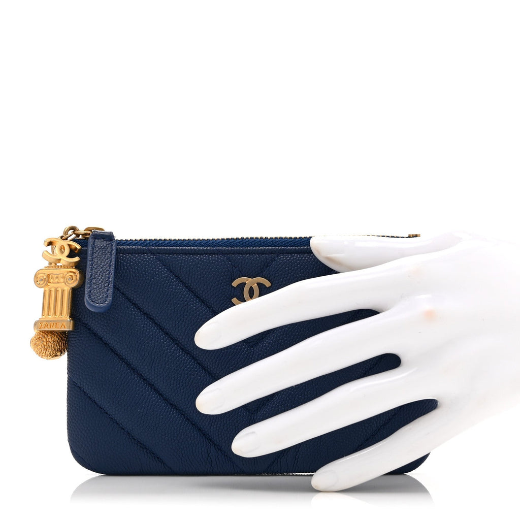 Caviar Chevron Quilted Small Ancient Greek Charms Cosmetic Case Blue