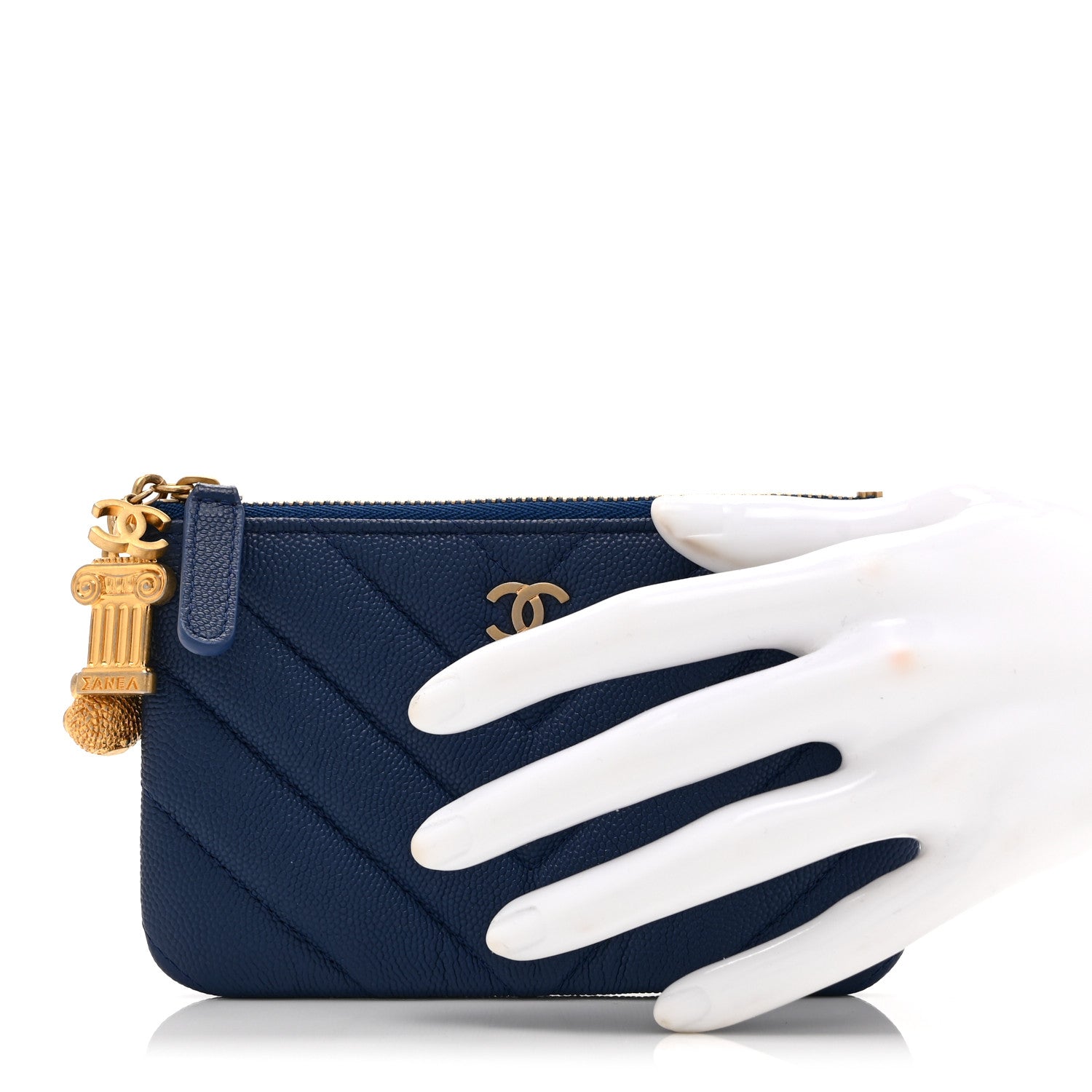Caviar Chevron Quilted Small Ancient Greek Charms Cosmetic Case Blue