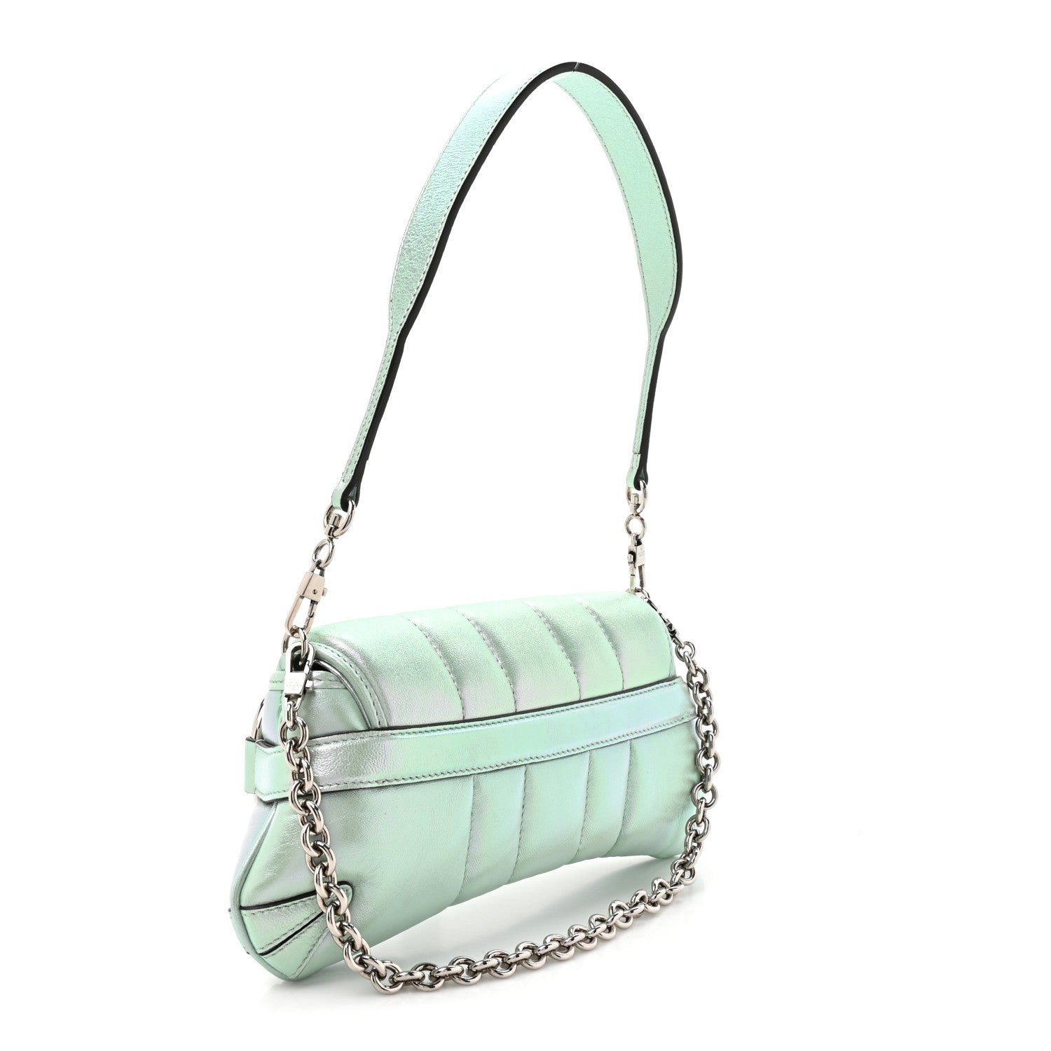 Gucci Iridescent Nappa Vertical Matelasse Small Maxi Horsebit Chain Shoulder Bag Iridescent Salvy Green